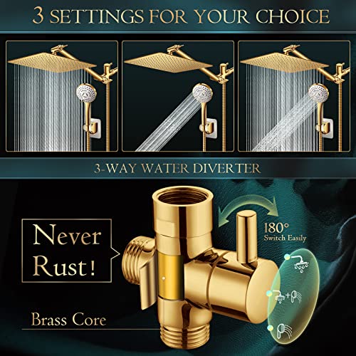 PinWin 12'' Rain Shower Head with 11'' Extension Arm - Brushed Gold