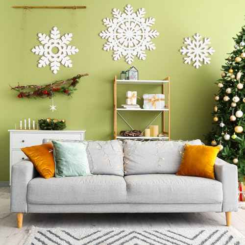 Wooden Large Snowflake Ornaments Sign Christmas Decorations 3Pack, Wood Hollow White Snowflakes Crafts Winter Hanging Plaques Decorations 3 Size of Cutouts New Year Wall Bedroom Living Room Decoration
