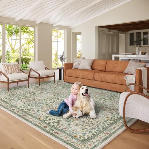 Beige 8x10 Vintage Floral Washable Area Rug for Living & Dining Rooms