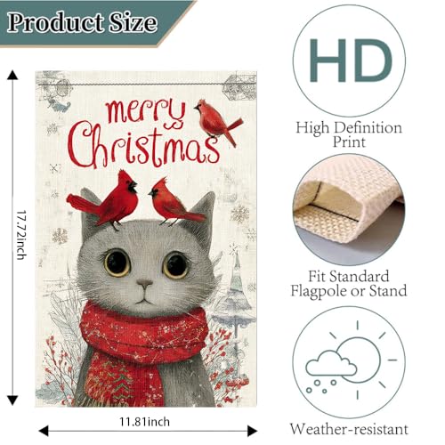 Cmialusie Colorful Christmas Garden Flag 11.81 x 17.72 inch Gray Cat & Red Cardinals Holiday Yard Decor