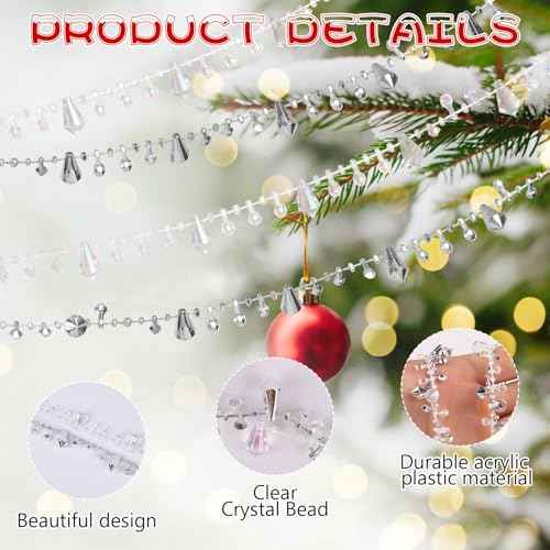 16.4ft Christmas Garland Crystal Acrylic Christmas Beaded Garlands Hanging Rustic Xmas Tree Decorations Twist Bead String Ornaments for Tree Wall Party(Silver)