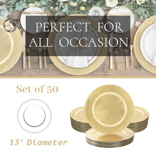 50 PCS Gold Foil Beaded Charger Plates Round Table Decor Bulk Set