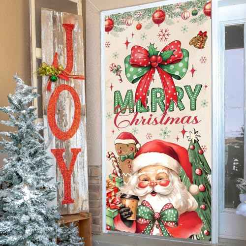 Christmas Door Cover,Santa Claus and Bow Door Cover Red Gingerbread Man Christmas Decorations,Merry Xmas Porch Banner Background,Hanging Banner for Xmas Holiday Eve New Years Party