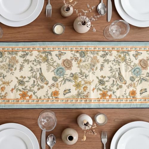 Artoid Mode Beige Floral Bird Rustic Vintage Table Runner 13x72 Inch for Dining