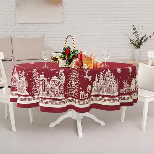 Oval Red Christmas Tablecloth 60 x 102 in — Waterproof Polyester for Holiday Dining, Yighty
