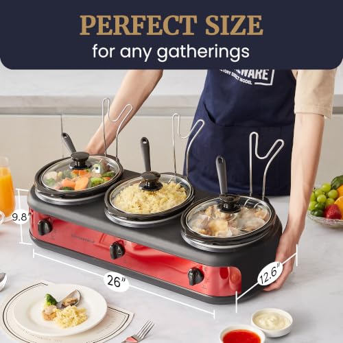 Elite Gourmet Triple Slow Cooker Buffet Server - 3 x 2.5 Qt, Red - Multi-Use Kitchen Appliance