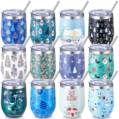 Sliner 12-Pack Christmas Wine Tumblers with Lids & Straws Snowy