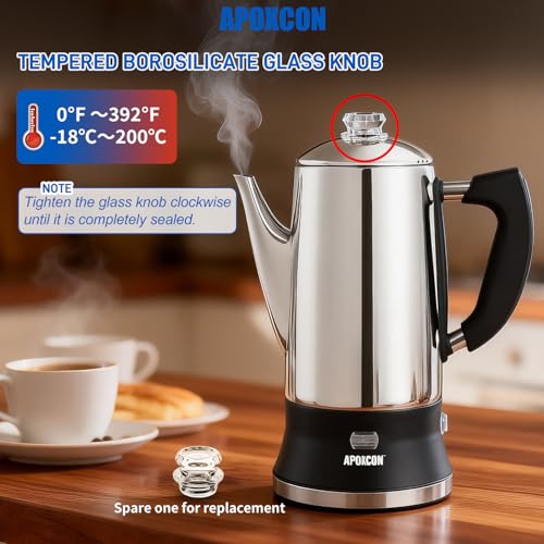 Electric Coffee Percolator 12 Cups Stainless Steel Glass Top Keep Warm Cordless