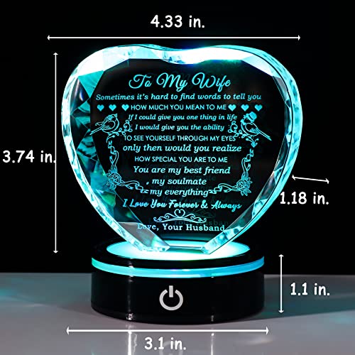 Personalized Crystal Heart Gift for Wife - Love Quote Keepsake with LED Light - Wedding Anniversary & Birthday Gift - Wife Gifts Variation of Wife Gifts
