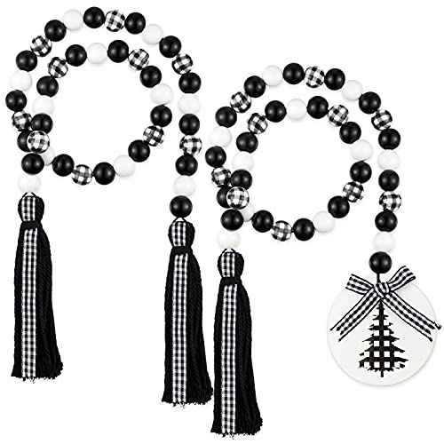 Jetec 2 Pcs Christmas Wood Bead Garlands 33.5 Inches Buffalo Plaid Farmhouse Beads with Tassels Decor Tiered Tray Decor Wall Hanging Home Ornaments for Christmas Tree Decorations(White and Black)