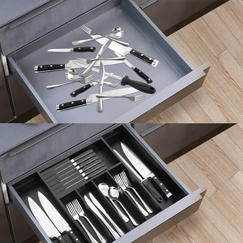 VaeFae Bamboo Silverware Drawer Organizer - 7 Slots, Black, Adjustable & Removable Knife Block