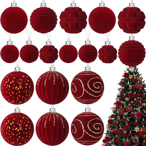 Suzile Red Velvet Christmas Tree Ornaments Set - 18 Pcs Flocked Holiday Decorations