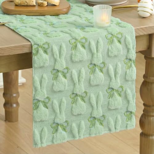 Artoid Mode Sage Green Faux Fur Jacquard Bunny Bow Table Runner 13x72 Inch for Easter & Spring Decor