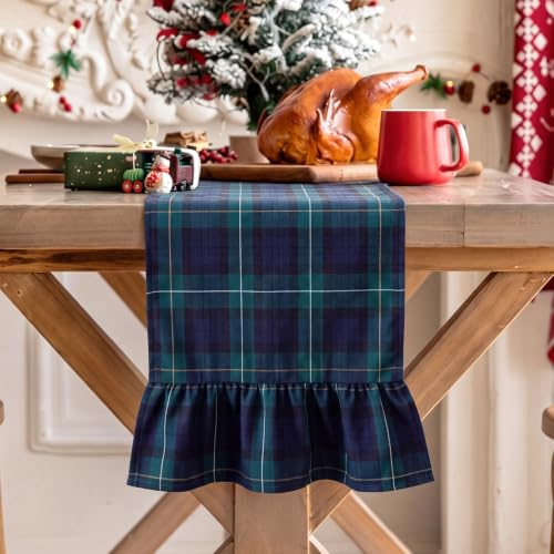 Remagr Blue Green Christmas Tartan Plaid Ruffle Table Runner Set 13x90 Inches, 3 Pieces