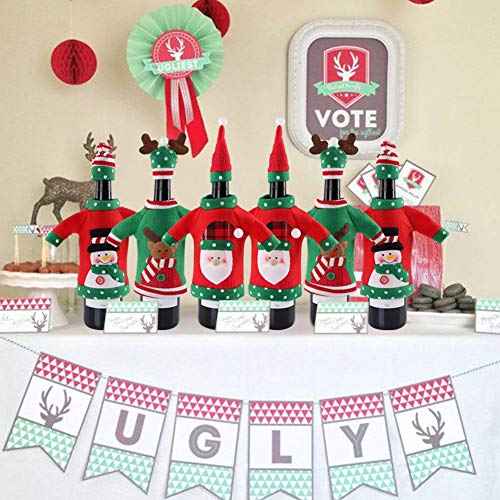 PartyTalk 3pcs Ugly Christmas Wine Bottle Covers, Holiday Wine Bottle Cover with Hat for Ugly Sweater Party Decorations