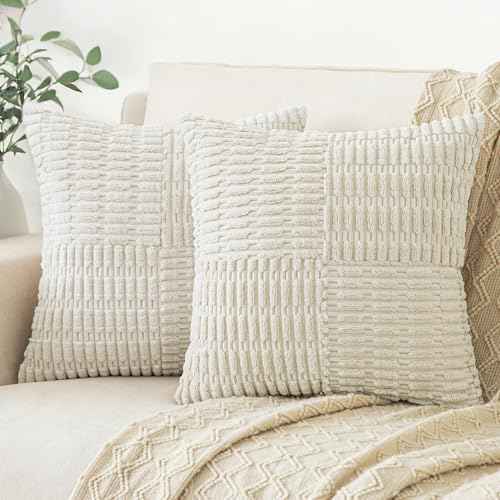 Softalker 18x18 Throw Pillow Covers Cream, Set of 2 Soft Corduroy Boho Textured Modern Pillow Cases, Decorative Cushion Covers for Couch Patio Living Room Sofa Christmas Thanksgiving, Beige