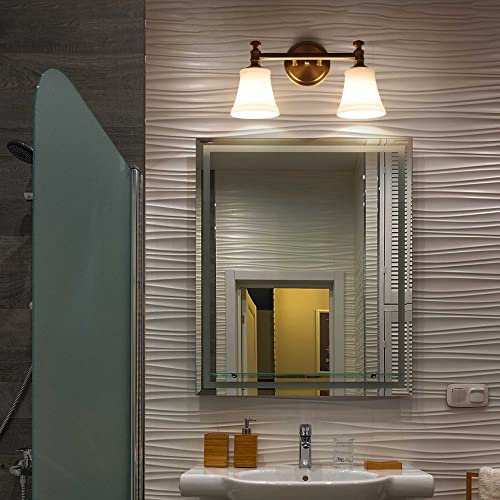 Aged Brass 2-Light Bathroom Vanity Wall Sconce with Opal Glass Shade - Traditional Hanaloa Fixture