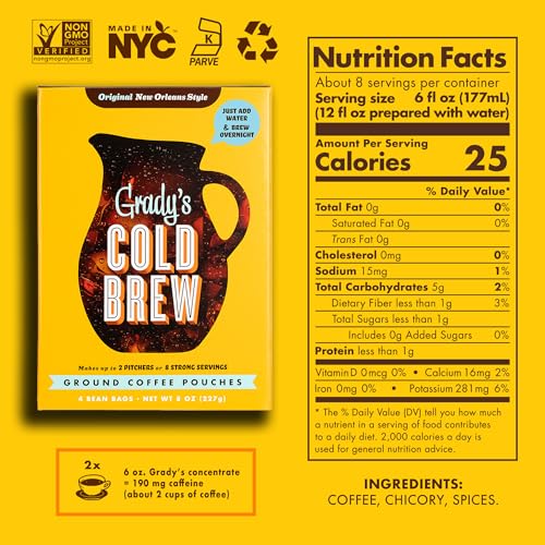 Grady’s Cold Brew Coffee & Chicory Pouches - Original 8 Count - New Orleans Style, Easy Brew, 24 Drinks
