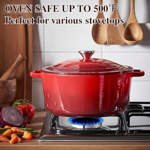 Umite Chef 5QT Red Enamel Cast Iron Dutch Oven with Lid & Cotton Potholders
