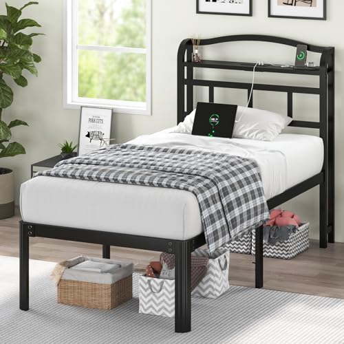 18 Inch Twin Size Bed Frame with Storage Headboard and Charging Station