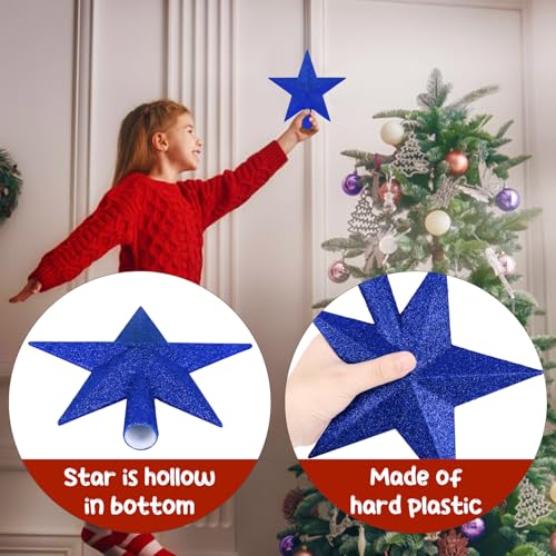 DERAYEE Blue Christmas Tree Topper, 7.9 Inch Glitter Star for Holiday Decor