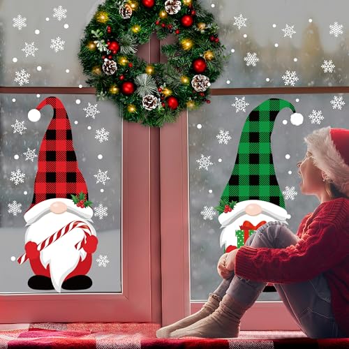 2 Sheets Christmas Window Clings Extra Large Gnome Window Decals Red Green Buffalo Plaid Gnome Windows Stickers Double Sided Christmas Snowflake Windows Clings for Xmas Holiday Home Office Glass Decor