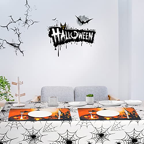 Halloween Placemats Set - Washable Linen Table Mats with Pumpkins & Ghosts, 4 Pack