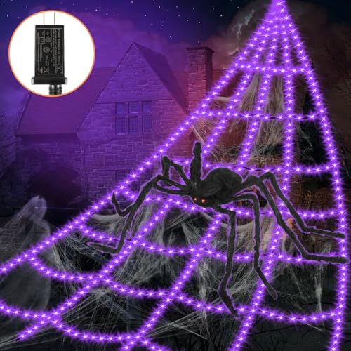 Purple Outdoor Spider Web Lights 16.4FT with Spider, 550 LEDs, Waterproof, 8 Modes for Halloween Decoration