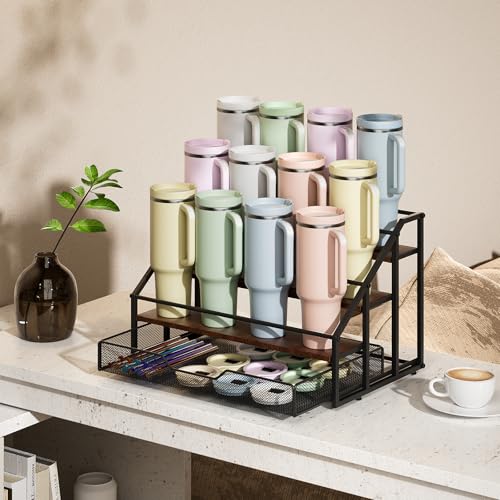 4-Tier Tumbler and Bottle Organizer Rack with Storage Basket - Natural Wood, Includes 12 Bottles