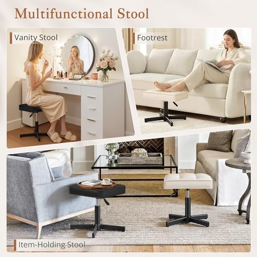LUE BONA Adjustable Vanity Stool Black Upholstered Faux Leather Swivel Chair