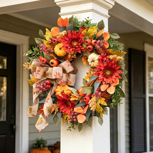 PureCosy Red Fall Wreath for Front Door 24 Inch Autumn Rustic Decor