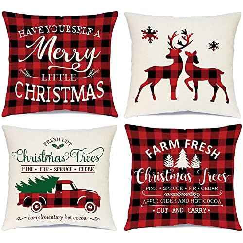 Ueerdand Christmas Decorations Pillow Covers 18¡¿18 Set of 4 Black and Red Xmas Farmhouse Buffalo Plaid Truck Throw Pillow Case for Holiday Home Sofa Couch