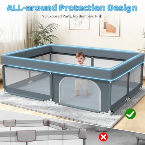 Babyvoye Grey 79x71 Inch Large Indoor & Outdoor Baby Playpen for Toddlers