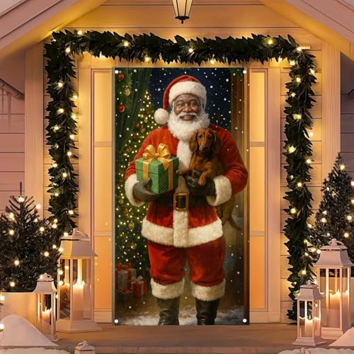 Christmas Door Cover Santa Wrapped Box 35x71 Inch Polyester Holiday Decor