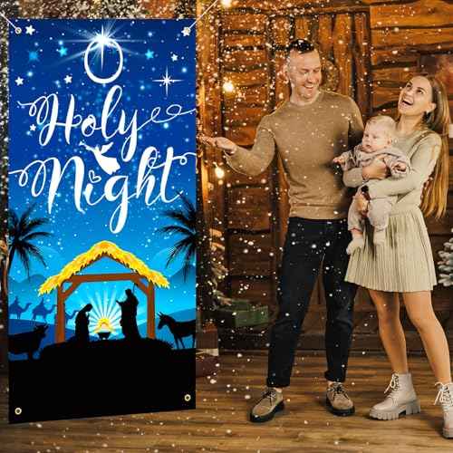 HOWAF Christmas O Holy Night Door Cover - Navy Blue Nativity Scene Banner for Xmas Party Supplies
