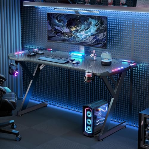 47 Inch Gaming Desk with Carbon Fiber Surface & LED Lights - Black, LED Version