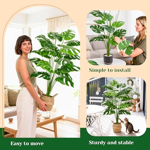 Der Rose 44-Inch Tall Artificial Monstera Tree with Round Woven Basket - Home Decor