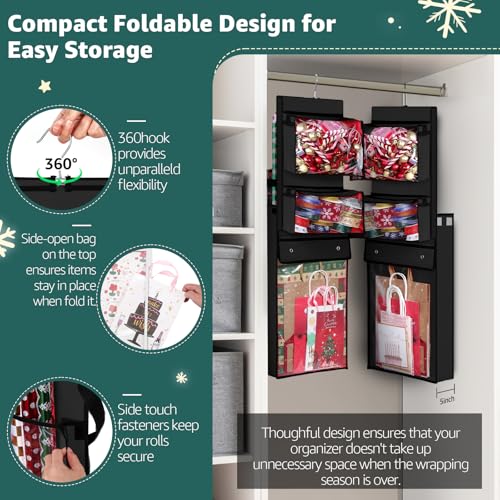 Black Hanging Wrapping Paper Organizer Storage Over Door Gift Wrap Roll Holder