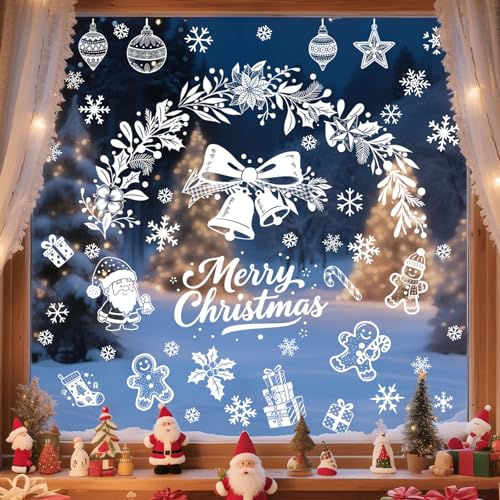 Tanlaby 9 Sheets White Christmas Window Clings Xmas Wreath Window Stickers Snowflake Santa Window Decals Static for Glass Windows Doors Xmas Home Decor Party Supplies