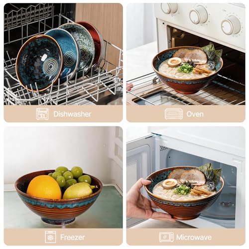 8 Inch Ceramic Ramen Bowl Set of 2 with Spoons & Chopsticks - Verdigris Green