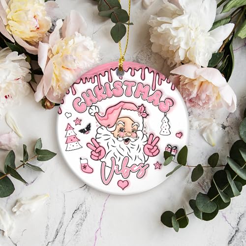 SunSky Sending Christmas Vibes 3D Ceramic Ornament – 3" Round Santa, Funny Holiday Gift (Christmas Vibe)