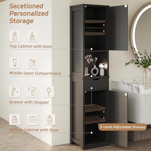 Shintenchi Tall Narrow Bathroom Storage Cabinet - Black