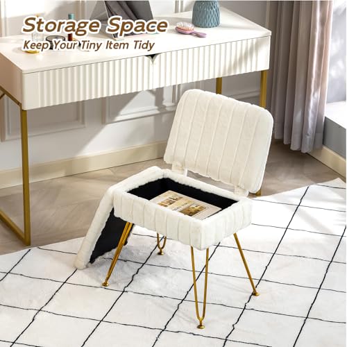 Manyday Beige Vanity Chair with Storage & Foldable Back - Soft Faux Fur Ottoman