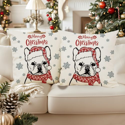 French Bulldog Christmas Pillow Covers 18x18 Inch Set of 2 Holiday Decor