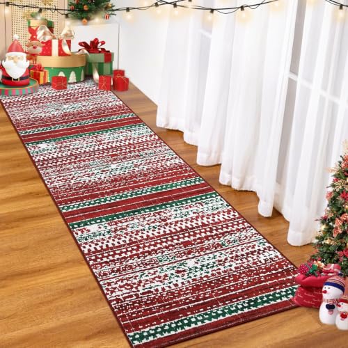 GarveeHome 2x8 Red/Green Christmas Runner Rug - Snowflake Hallway/Kitchen Mat