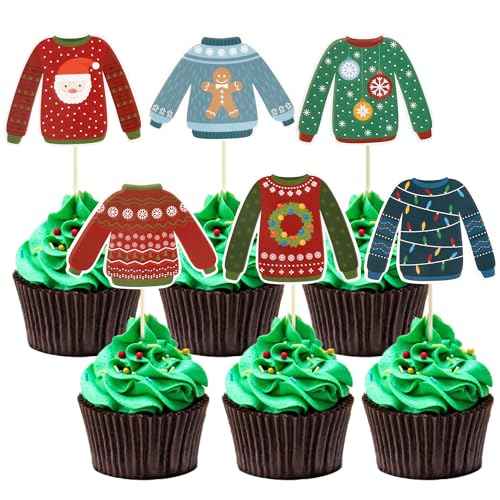 Gyufise 36Pcs Ugly Sweater Cupcake Toppers Christmas Decorations Xmas Party Supplies