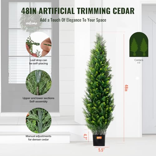 VEVOR 4ft Artificial Cedar Topiary Trees Set - 48 Inch Faux Evergreen Trees for Indoor & Outdoor Decor, 2 Pack