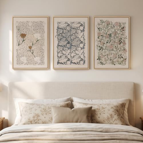 Vintage Neutral William Morris Framed Canvas Wall Art Set of 3 - 16x24 Inches