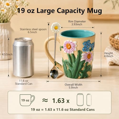 Beige 19 oz Floral Ceramic Mug with Lid & Spoon - Hand-Painted Coffee Cup
