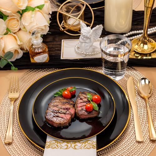 Black and Gold Plastic Dinnerware Set for 50 Guests - Heavy Duty Party Plates and Utensils